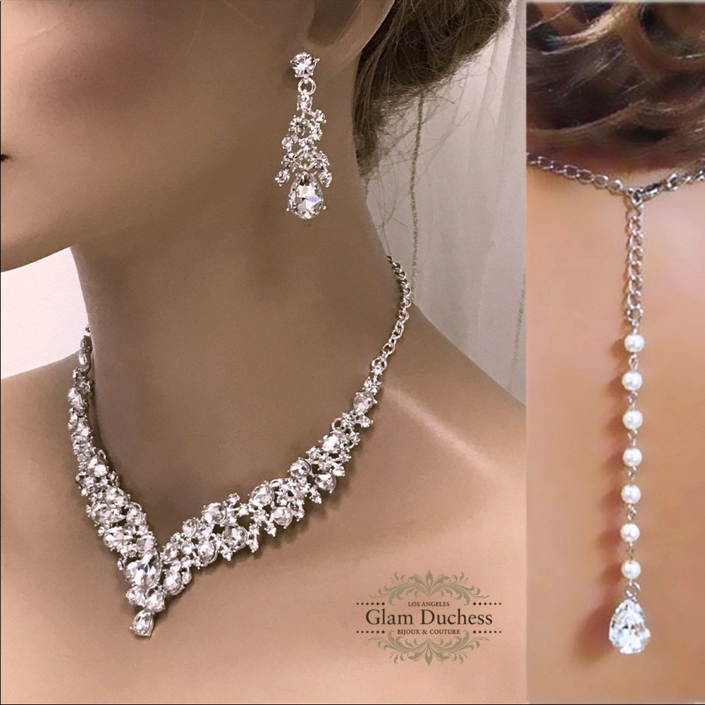 Glam Bride Wedding Necklace & Earring Jewelry Set Silver Fashion - Picture 4 of 4